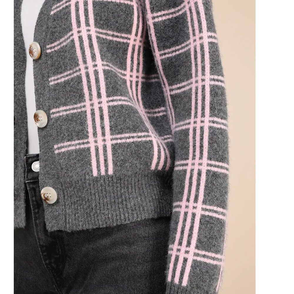 Lulus Ideal Crush Charcoal Grey And Pink Plaid Cardigan - Size L - Picture 4 of 4
